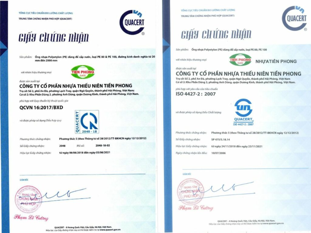 Chứng Chỉ Chất Lượng Ống HDPE Tiền Phong